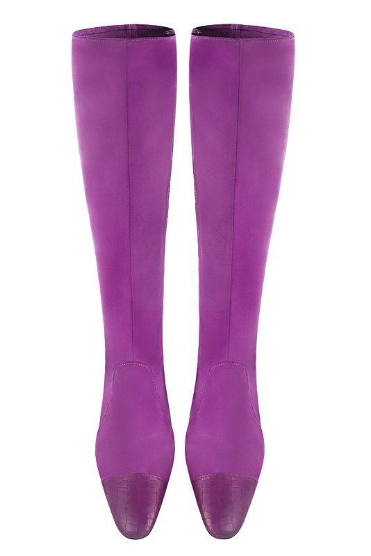 Mauve purple women's feminine knee-high boots. Round toe. High block heels. Made to measure. Top view - Florence KOOIJMAN